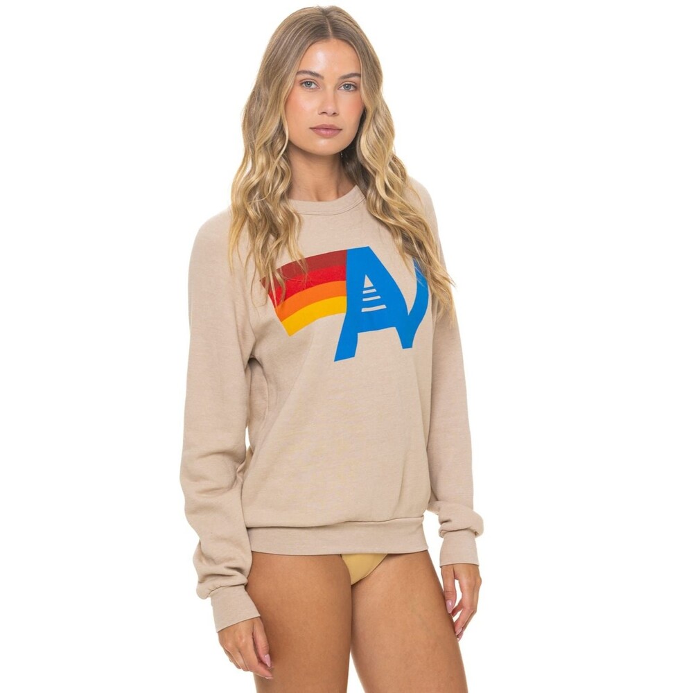 Aviator Nation Sand Sweatshirt Beige Retro Logo Rainbow Stripe Crew Size Small